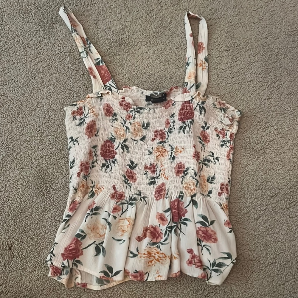 american eagle smocked pink floral peplum top
